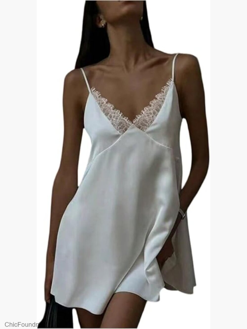 Lace V Neck Satin Mini Dress Spaghetti Strap Backless Tie Party